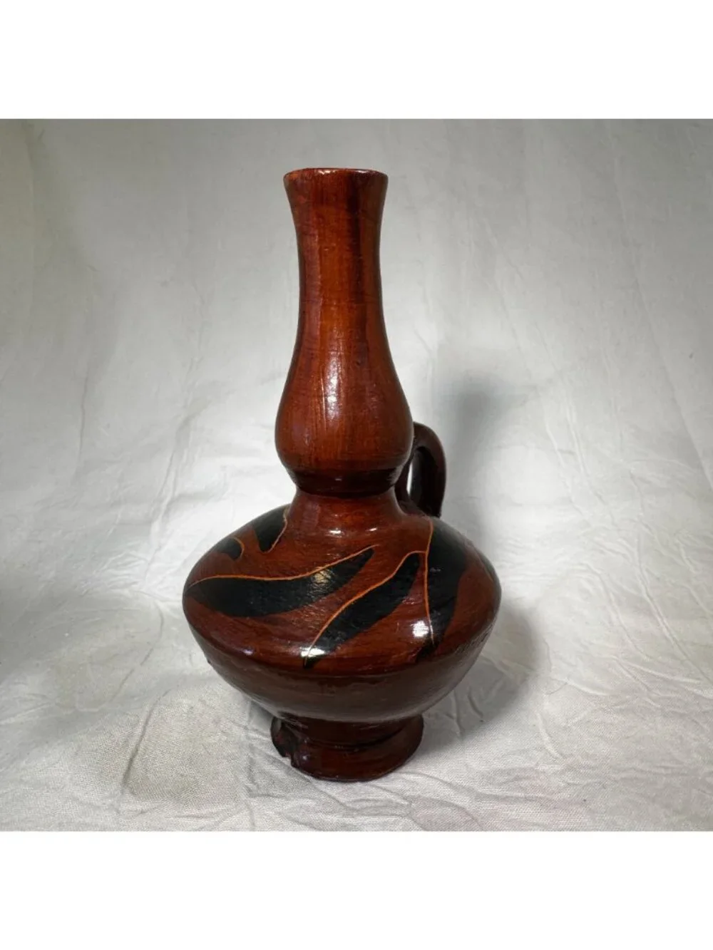 Vintage Handmade Brown Ceramic Vase Handle & Black Accents - Made In Greece